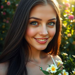 A stunning close-up of a beautiful young woman with long, flowing dark hair and striking green eyes, wearing a delicate silver necklace with a small emerald pendant