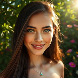 A stunning close-up of a beautiful young woman with long, flowing dark hair and striking green eyes, wearing a delicate silver necklace with a small emerald pendant