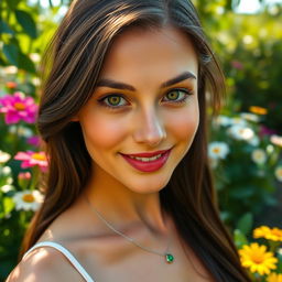 A stunning close-up of a beautiful young woman with long, flowing dark hair and striking green eyes, wearing a delicate silver necklace with a small emerald pendant