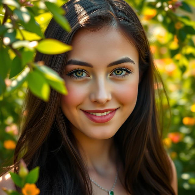 A stunning close-up of a beautiful young woman with long, flowing dark hair and striking green eyes, wearing a delicate silver necklace with a small emerald pendant