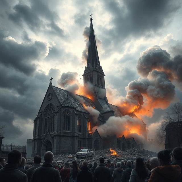 A dramatic scene depicting the destruction of a grand old church, with smoke and flames billowing from the roof