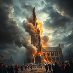 A dramatic scene depicting the destruction of a grand old church, with smoke and flames billowing from the roof