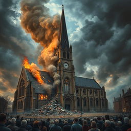 A dramatic scene depicting the destruction of a grand old church, with smoke and flames billowing from the roof