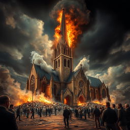 A dramatic scene depicting the destruction of a grand old church, with smoke and flames billowing from the roof