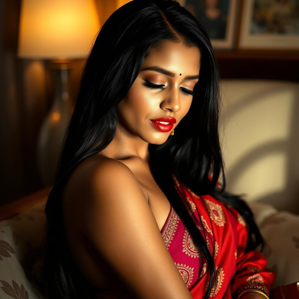 A sensual portrayal of a South Asian woman in an intimate setting, capturing her beauty and allure