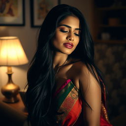 A sensual portrayal of a South Asian woman in an intimate setting, capturing her beauty and allure