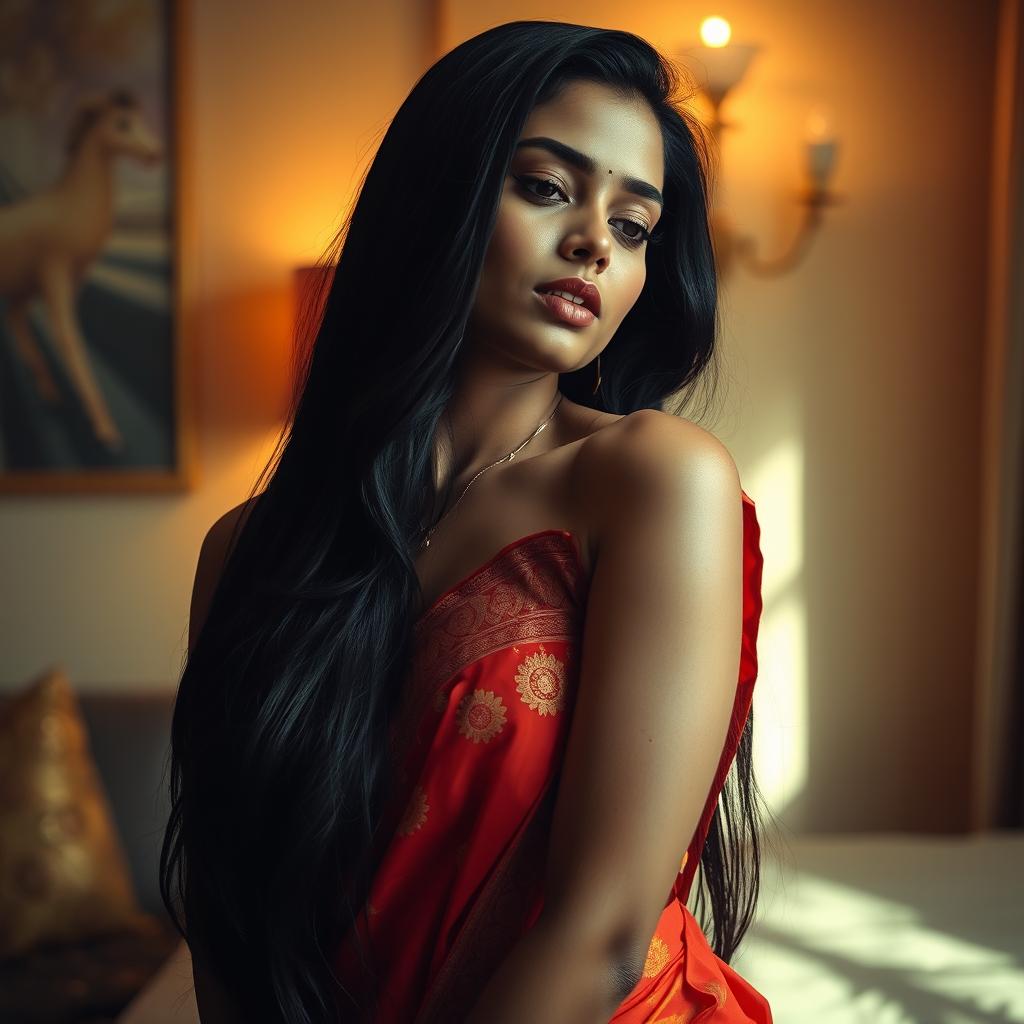 A sensual portrayal of a South Asian woman in an intimate setting, capturing her beauty and allure