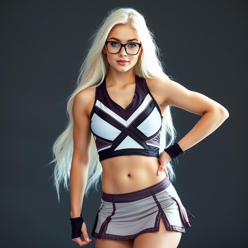 A stunning 19-year-old female cheerleader of Czech descent, exhibiting an hourglass and muscular body type with a flat stomach and striking silicone arms