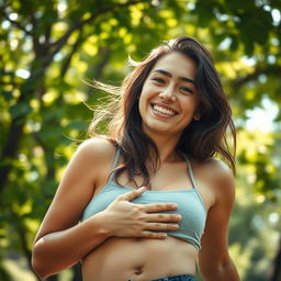 A close-up artistic portrayal of a confident young woman embracing her body in nature, surrounded by lush green trees and soft sunlight filtering through the leaves