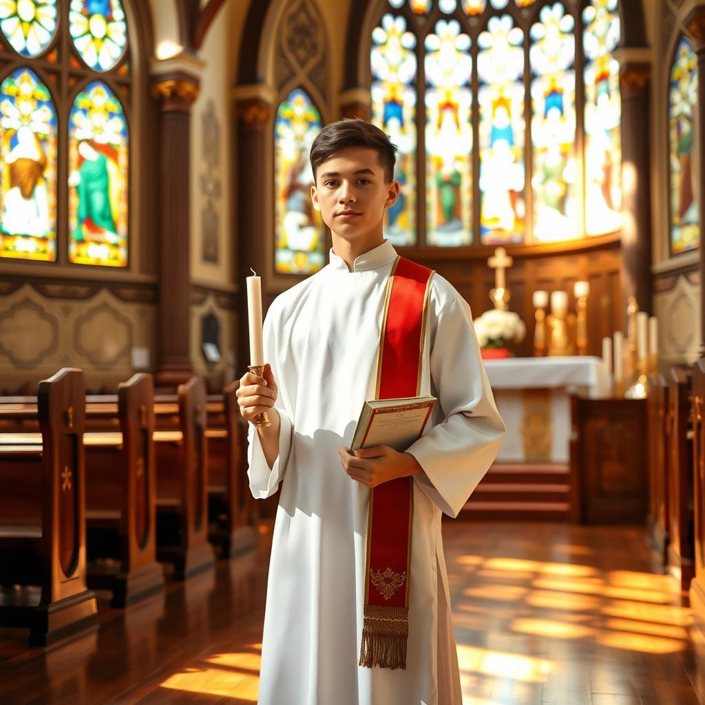 A serene image of a 21-year-old male altar boy in a beautifully adorned church setting