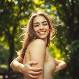 A close-up artistic portrayal of a confident young woman embracing her body in nature, surrounded by lush green trees and soft sunlight filtering through the leaves