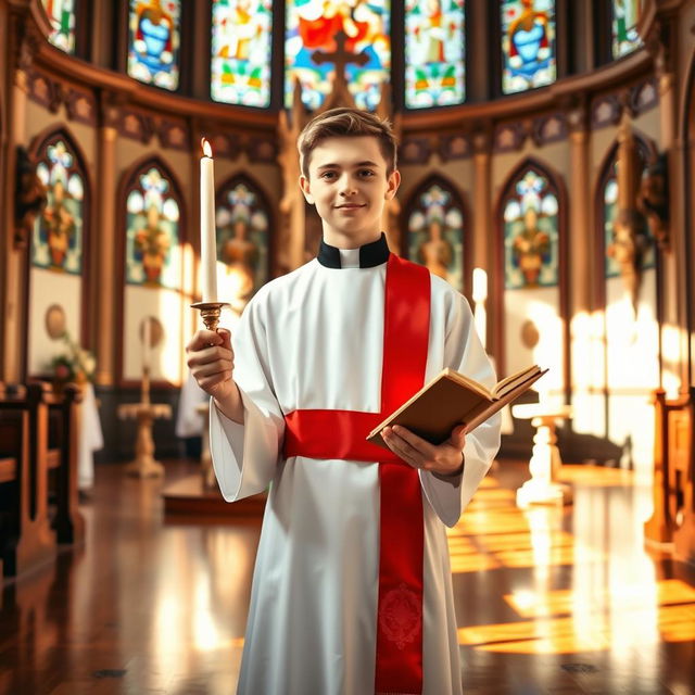 A serene image of a 21-year-old male altar boy in a beautifully adorned church setting