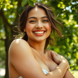 A close-up artistic portrayal of a confident young woman embracing her body in nature, surrounded by lush green trees and soft sunlight filtering through the leaves