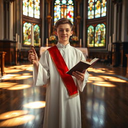 A serene image of a 21-year-old male altar boy in a beautifully adorned church setting