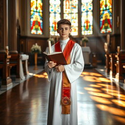 A serene image of a 21-year-old male altar boy in a beautifully adorned church setting