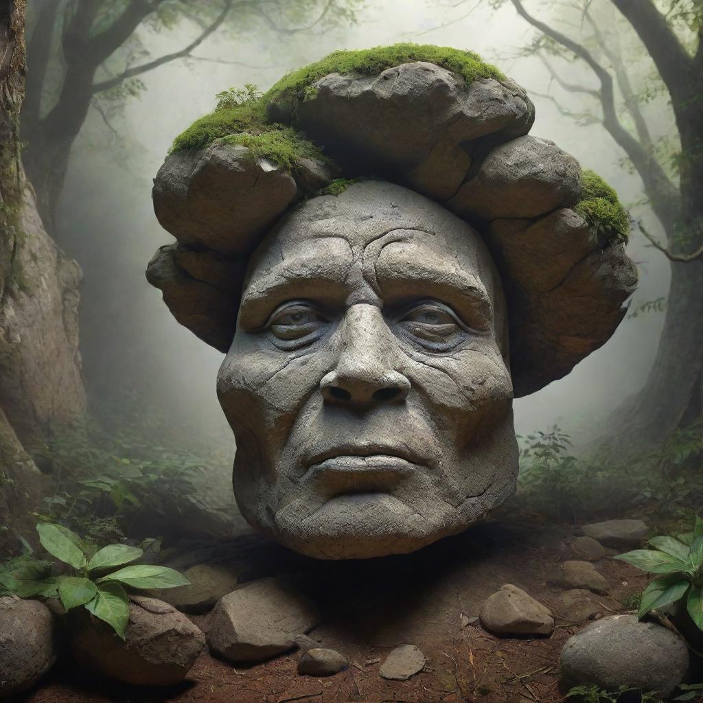 A magical scene featuring a living rock, with a face and limbs, possibly even vegetation, depicting an element of fantastic realism