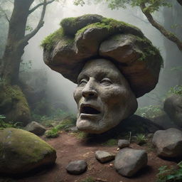 A magical scene featuring a living rock, with a face and limbs, possibly even vegetation, depicting an element of fantastic realism