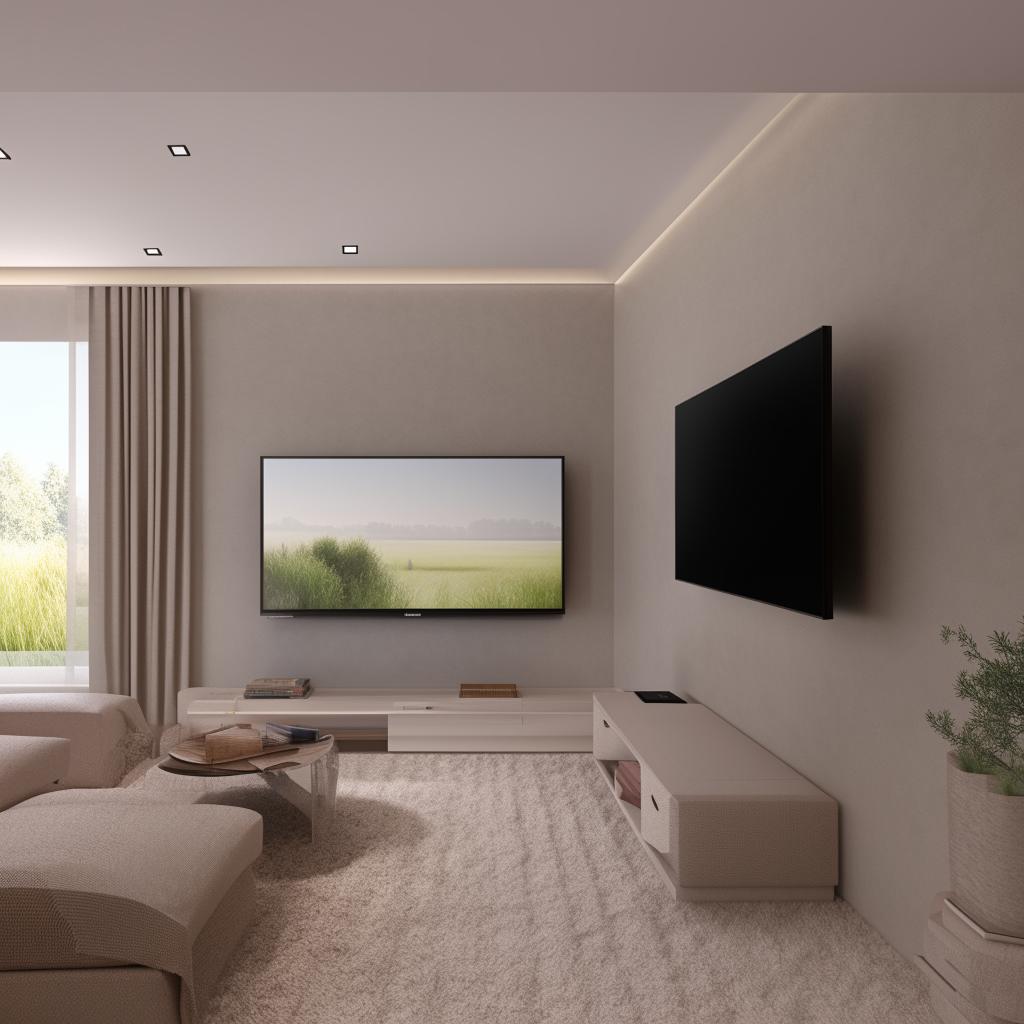 3D images showcasing a 12x20 feet living room, featuring a contemporary TV unit on the north wall, comfortable couches on the east and south walls, viewed from the west side. It masterfully presents efficient use of space and modern aesthetics.