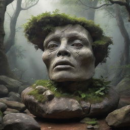 A magical scene featuring a living rock, with a face and limbs, possibly even vegetation, depicting an element of fantastic realism