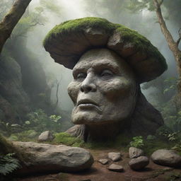 A magical scene featuring a living rock, with a face and limbs, possibly even vegetation, depicting an element of fantastic realism