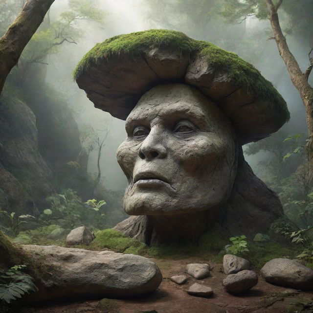 A magical scene featuring a living rock, with a face and limbs, possibly even vegetation, depicting an element of fantastic realism