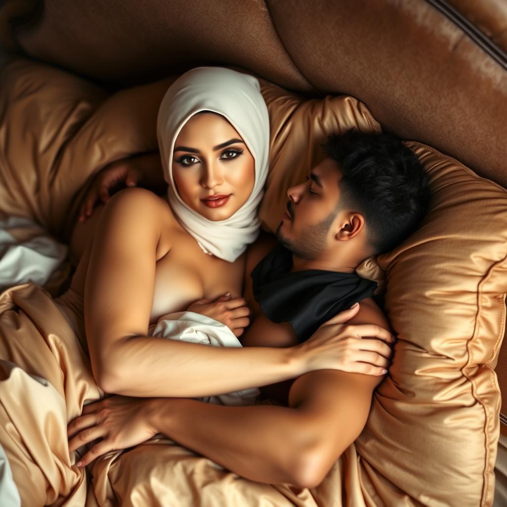 An elegant woman wearing a beautifully styled hijab, gracefully reclining on a plush, luxurious bed