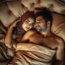 An elegant woman wearing a beautifully styled hijab, gracefully reclining on a plush, luxurious bed