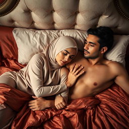 An elegant woman wearing a beautifully styled hijab, gracefully reclining on a plush, luxurious bed