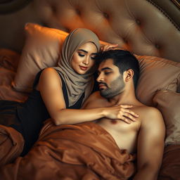 An elegant woman wearing a beautifully styled hijab, gracefully reclining on a plush, luxurious bed