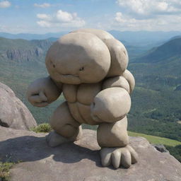 A robust image of a rock-type Pokemon such as Geodude or Onix, exhibiting its sturdiness and powers in a rugged mountainous terrain