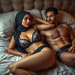 A sexy woman wearing a stylish hijab, complemented by a seductive bra and panties, gracefully reclining on a plush bed