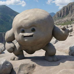 A robust image of a rock-type Pokemon such as Geodude or Onix, exhibiting its sturdiness and powers in a rugged mountainous terrain