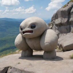 A robust image of a rock-type Pokemon such as Geodude or Onix, exhibiting its sturdiness and powers in a rugged mountainous terrain