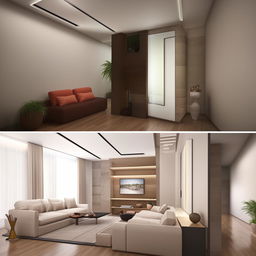 3D images showcasing a 12x20 feet living room, featuring a contemporary TV unit on the north wall, comfortable couches on the east and south walls, viewed from the west side. It masterfully presents efficient use of space and modern aesthetics.