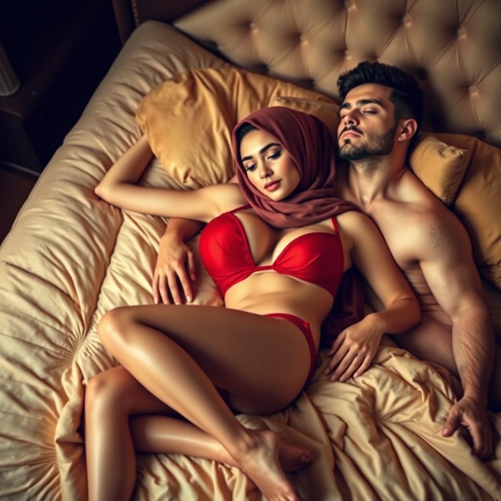 A sexy woman wearing a striking red bra and panties, paired with an elegantly styled hijab, gracefully reclining on a plush, luxurious bed