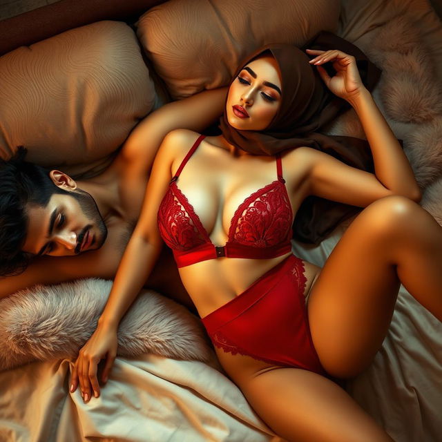 A sexy woman wearing an alluring red bra and panties, paired with an elegantly styled hijab, gracefully lying on a plush bed