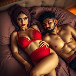 A sexy woman wearing an alluring red bra and panties, paired with an elegantly styled hijab, gracefully lying on a plush bed