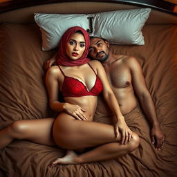 A sexy woman wearing an alluring red bra and panties, paired with an elegantly styled hijab, gracefully lying on a plush bed