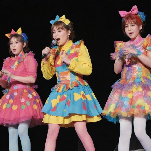 Band Emikukis performing live on stage, all members wearing colorful children's costumes.