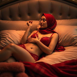 A romantic scene featuring a woman in hijab wearing elegant red lingerie, lying on a luxurious bed with rich textures and warm lighting