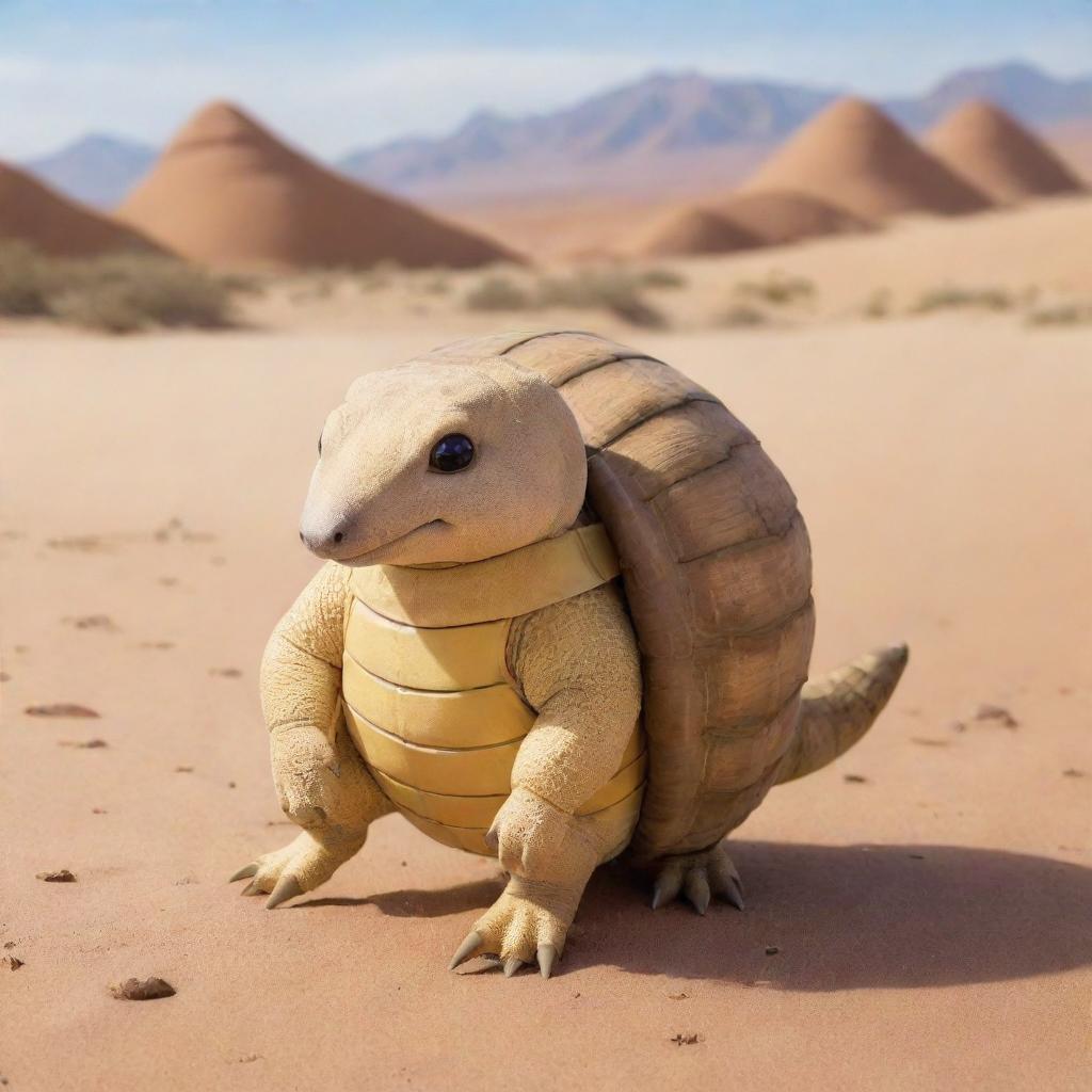 An engaging image of Sandshrew, an armadillo-inspired Pokemon, navigating through a desert environment with its unique abilities