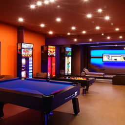 A 30 square meter games room featuring a sleek PS4 gaming console and a high-end billiards table, with spacious area around for movement.