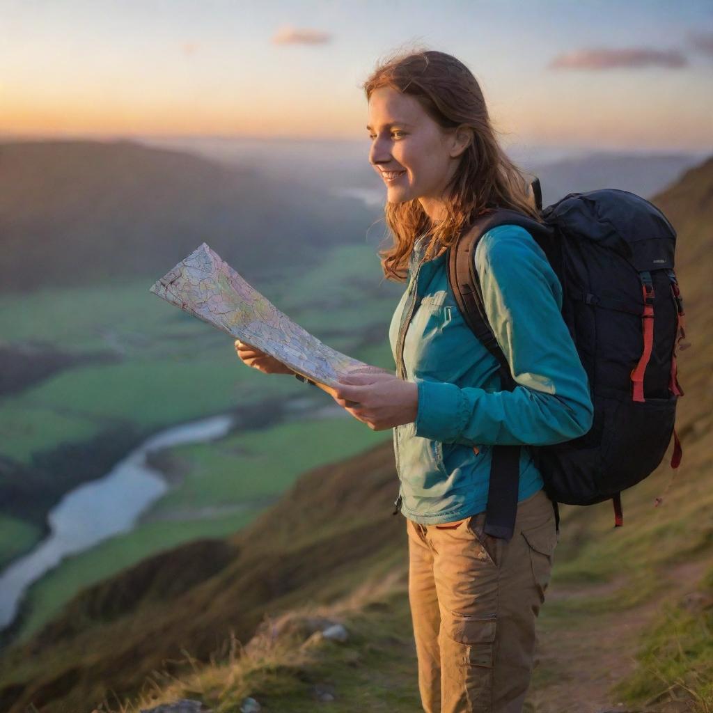 A spirited young lady, with a rucksack on her shoulder and a map in her hand, stepping out to embark on an exciting adventure. The vivid glow of dawn paints the scene.