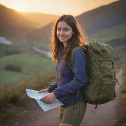 A spirited young lady, with a rucksack on her shoulder and a map in her hand, stepping out to embark on an exciting adventure. The vivid glow of dawn paints the scene.