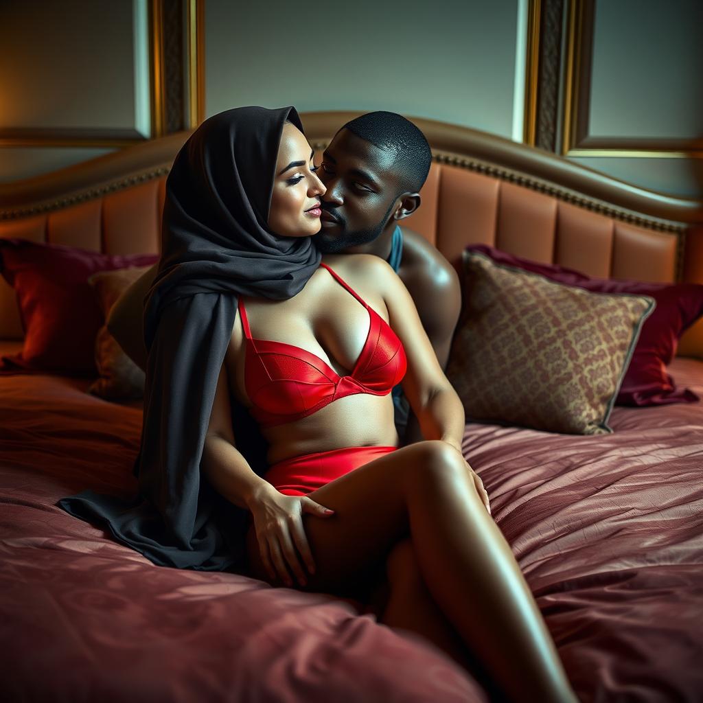 An intimate scene featuring a woman in hijab wearing stylish red bra and panties, seated on an elegant bed with a black man beside her