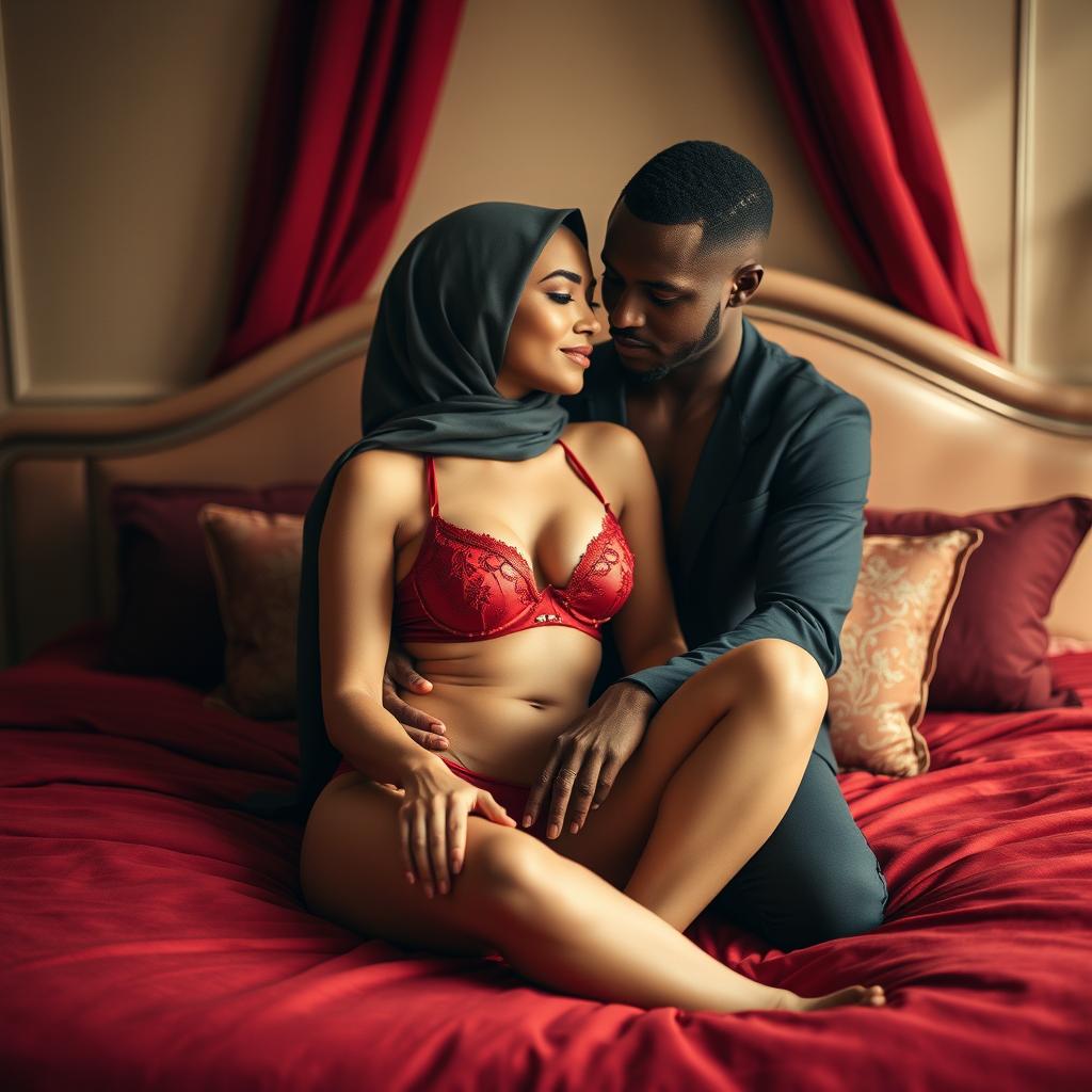 An intimate scene featuring a woman in hijab wearing stylish red bra and panties, seated on an elegant bed with a black man beside her