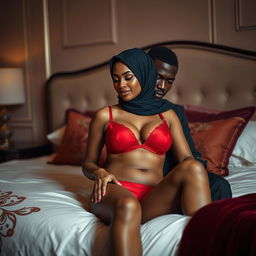 An intimate scene featuring a woman in hijab wearing stylish red bra and panties, seated on an elegant bed with a black man beside her