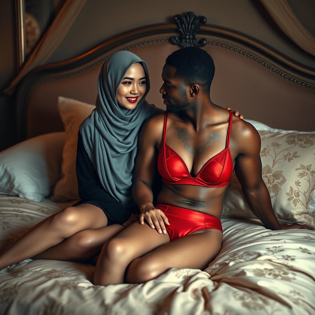 A captivating scene featuring a Chinese woman in hijab wearing a striking red bra and panties, sitting on a beautifully adorned bed next to a black man