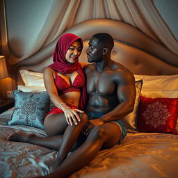 A captivating scene featuring a Chinese woman in hijab wearing a striking red bra and panties, sitting on a beautifully adorned bed next to a black man