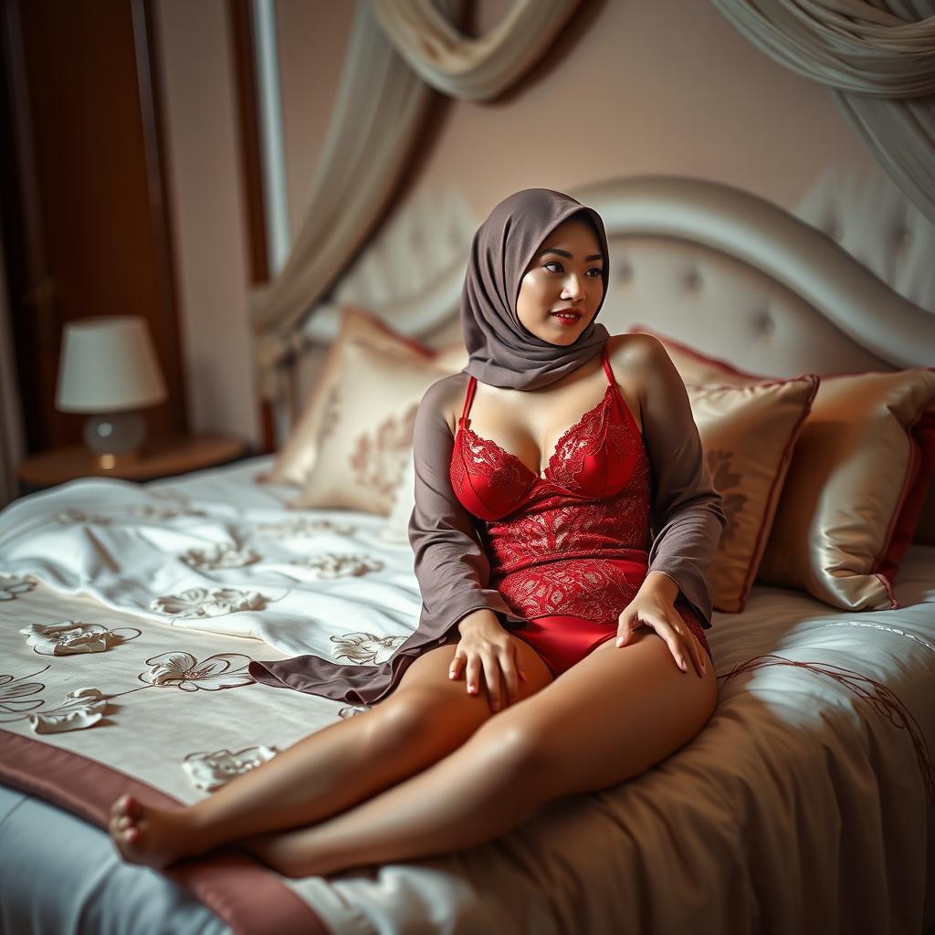 A captivating scene featuring a Chinese woman in hijab wearing a striking red bra and panties, sitting on a beautifully adorned bed next to a black man